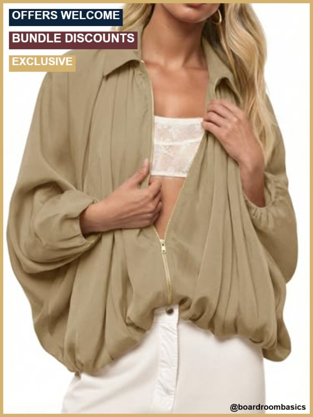 Womens Oversized Bomber Jacket Batwing Sleeve Zip Up Lightweight